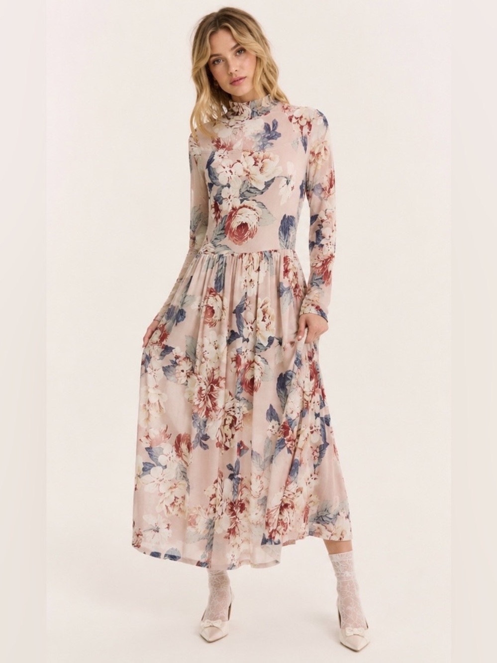 Kate and Lily Floral Mock-Neck Long Sleeve Maxi Dress Blush Pink Size 10